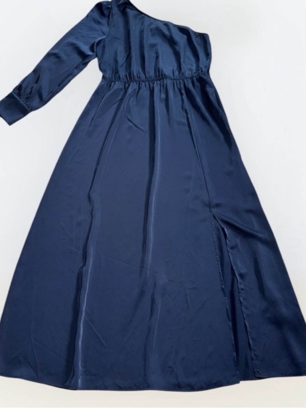 NWT KIRUNDO Navy One Shoulder Satin Maxi Dress | Elegant Long Sleeve Gown